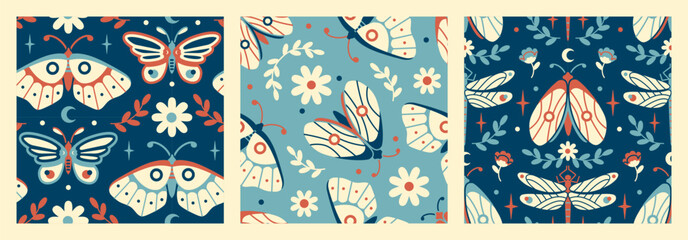 Retro refined Bohemian seamless pattern with witchy moth and flowers. Vintage background. Mystery garden concept. Elegant boho wallpaper. Cottage core aesthetic fabric © Vigurskaia Sofiya
