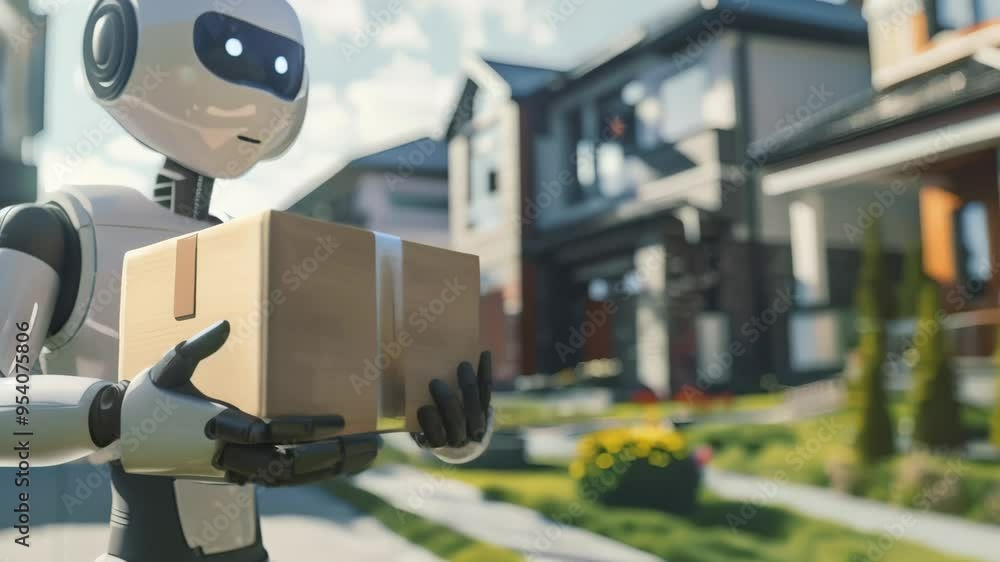 Aufkleber Robot delivery in suburban neighborhood holding package, representing the future of automated deliveries. Demonstration of AI and robotics in everyday life.