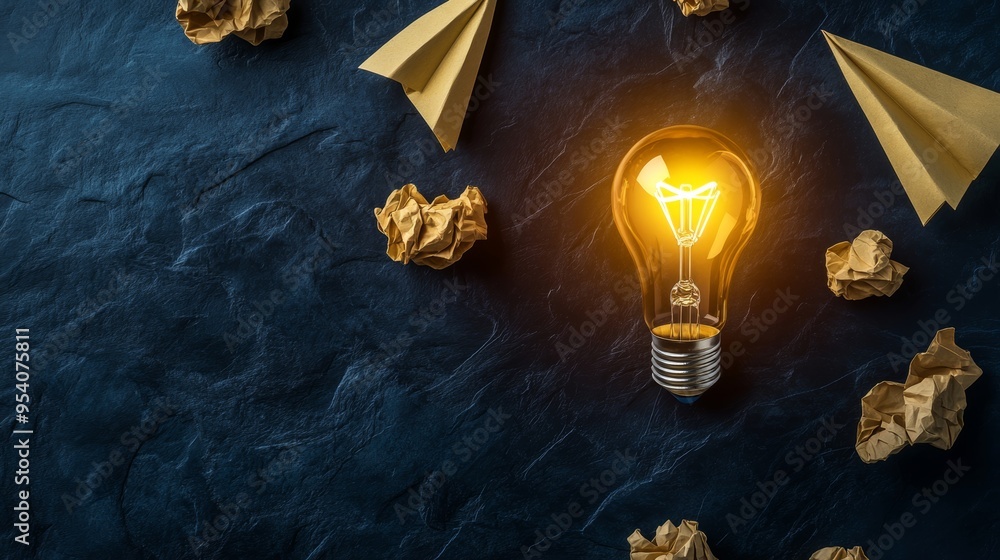 Aufkleber creative idea concept with light bulb and paper plane on dark background generative ai