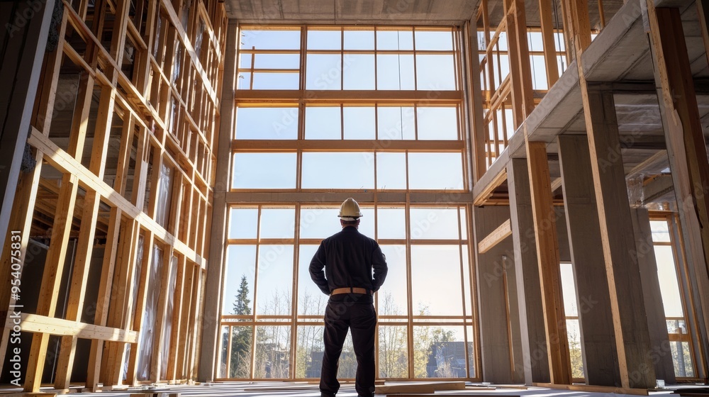 Poster engineer standing in construction site interior, building development concept generative ai
