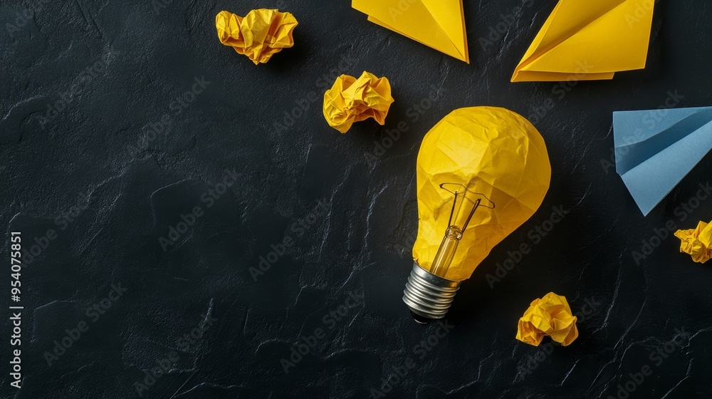 Aufkleber creative idea concept with light bulb and paper plane on dark background generative ai