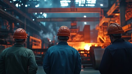 Fototapeta premium Industrial Factory Workers in Front of a Steel Factory at Night Generative AI