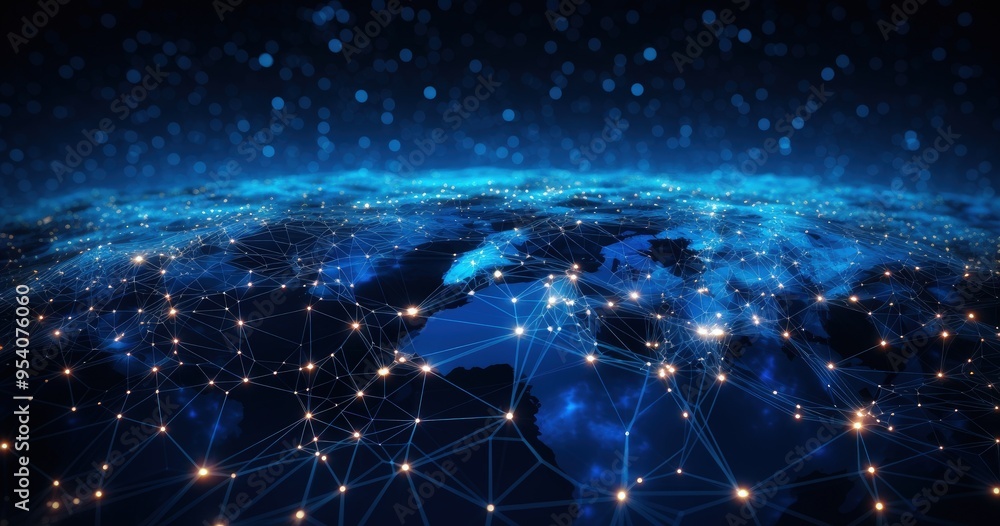 Poster a digital representation of earth showcasing interconnected networks and glowing nodes, symbolizing 