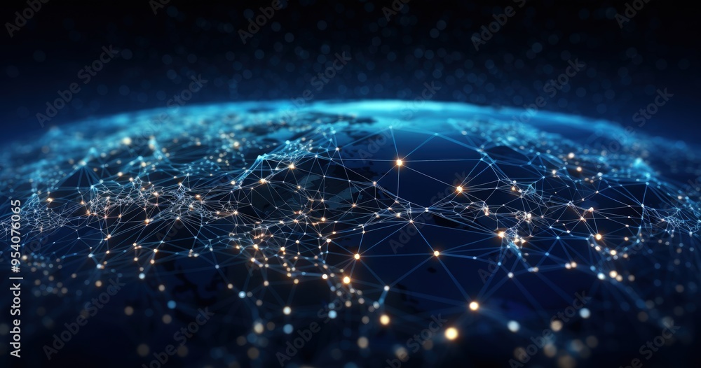 Poster A digital representation of Earth showcasing a network of connections and data flow, symbolizing global connectivity.