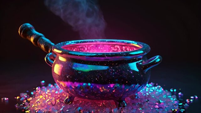 A pink potion is being brewed in a shiny witch's cauldron, smoke is streaming from the cauldron