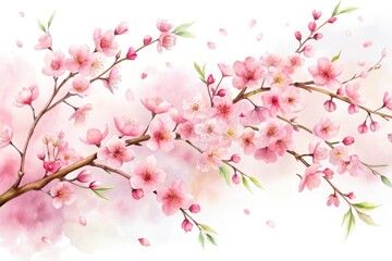 Delicate pink cherry blossom branches sway gently in the breeze, intricately illustrated in a whimsical watercolor drawing against a soft white background.