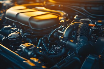 Modern car engine compartment with components in warm light