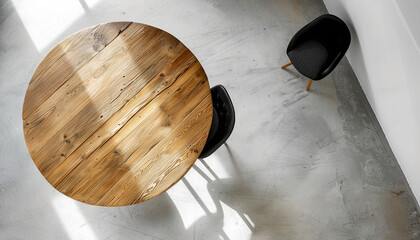 Round wooden table and black chair indoors top