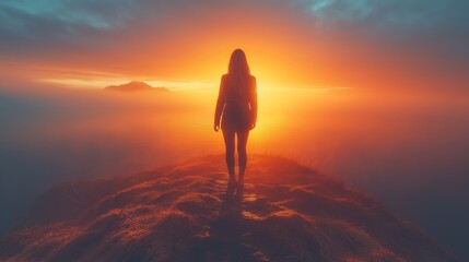 Silhouette of a Woman Standing on a Hilltop at Sunrise, Embracing the Warm Golden Light in a Mystical and Serene Landscape
