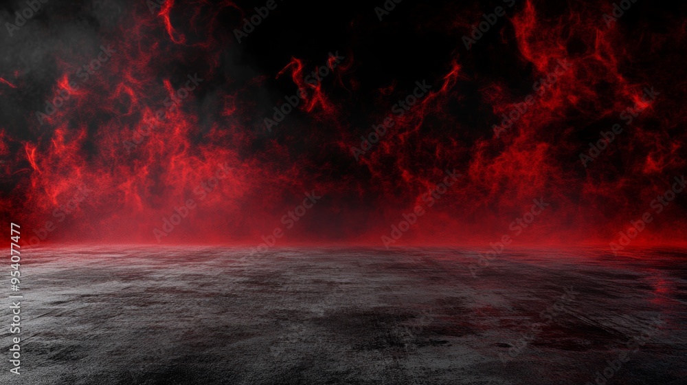 Poster dark night product display presentation template with red smoke on concrete floor generative ai