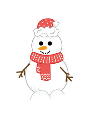Snowman. Cute cartoon snowman with red hat and scarf. Cartoon, vector