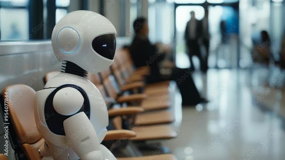 Poster Humanoid robot sitting in a modern waiting area, representing AI integration in public spaces. Demonstrates the use of robotics and technology in everyday environments.