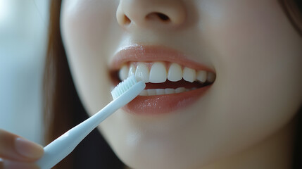 Naklejka premium A person brushing their teeth with an electric toothbrush, emphasizing thorough oral hygiene.