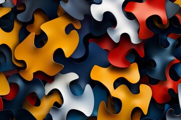 Vibrant and colorful abstract background featuring puzzle pieces in various shades of red, blue, yellow, orange, gray, white, black, and silver
