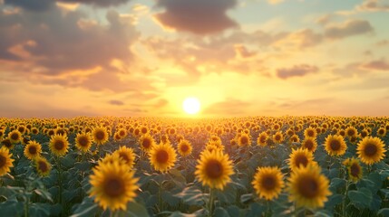 Fototapeta premium A field of sunflowers with the sun setting in the background