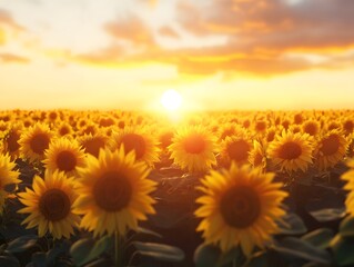 Fototapeta premium A field of sunflowers with the sun setting in the background