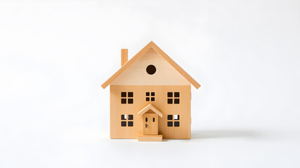 Toy wooden house on white background symbolizing home ownership space for text. Generative AI