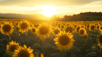 Obraz premium A field of sunflowers with the sun setting in the background