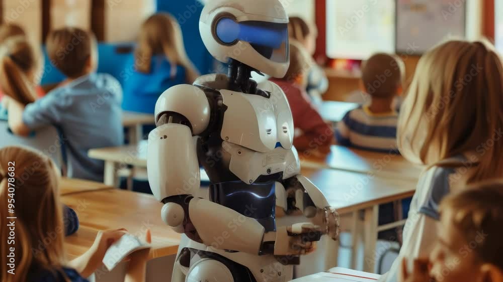 Poster friendly humanoid robot interacting with children in a classroom setting, role of ai in education. t