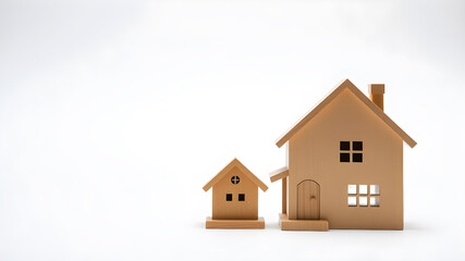 Toy wooden house on white background symbolizing home ownership space for text. Generative AI