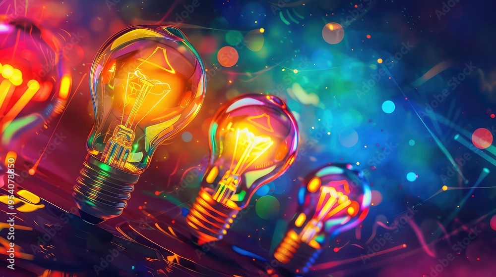 Poster close-up of glowing light bulbs on a dark background with vibrant colors and bokeh.