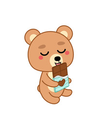 Kawaii bear is eating chocolate. Bear and choc. Cartoon, kawaii, vector.
