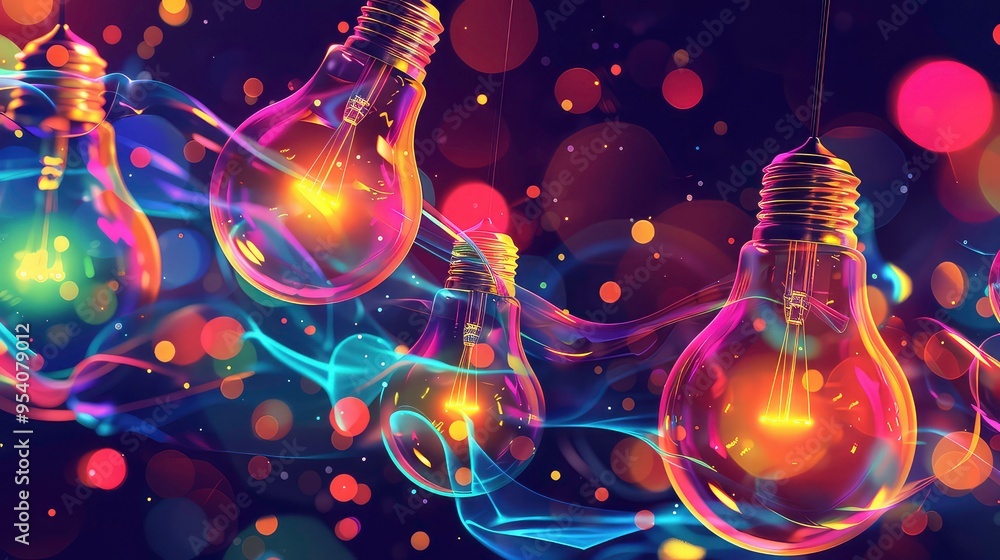 Poster abstract colorful light bulbs with glowing background and bokeh.