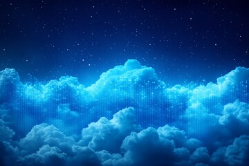 Fototapeta premium A surreal digital cloudscape set against a deep blue starry sky, where fluffy clouds are intertwined with streams of binary code, symbolizing the concept of cloud computing, data storage, and digital 