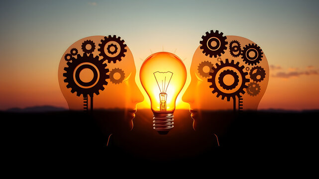 Two heads with gears forming a light bulb at sunset, teamwork and innovation concept. Generative AI
