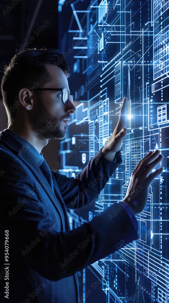 Poster the professional engages with an advanced digital interface showcasing intricate architectural desig