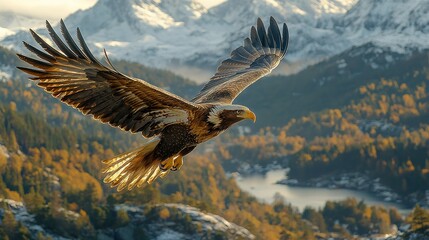 Naklejka premium A bird soaring amidst trees against a mountainous backdrop