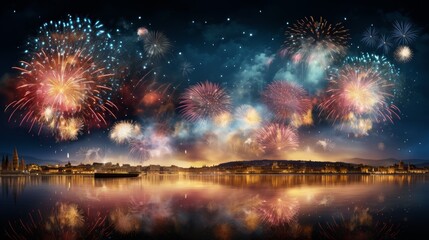 Spectacular Fireworks over a Cityscape reflected in the Water