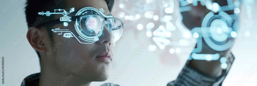 Poster a man wearing augmented reality glasses engages with floating digital interfaces in a modern office 
