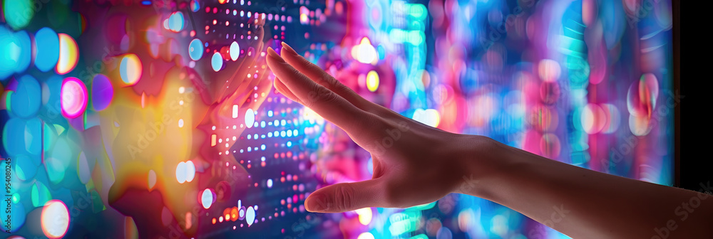 Poster a hand reaches out to touch a brightly lit digital display filled with colorful patterns and vibrant