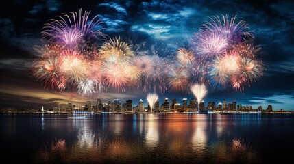 Spectacular Fireworks Display Over City Skyline at Night