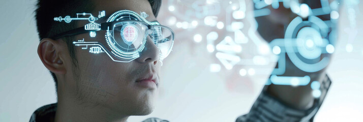 A man wearing augmented reality glasses engages with floating digital interfaces in a modern office environment