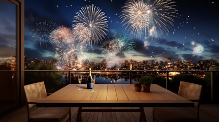 Scenic Balcony View With Fireworks Over City Skyline