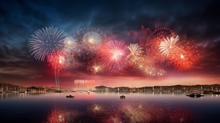 Spectacular Fireworks Display Over Tranquil Harbor at Night