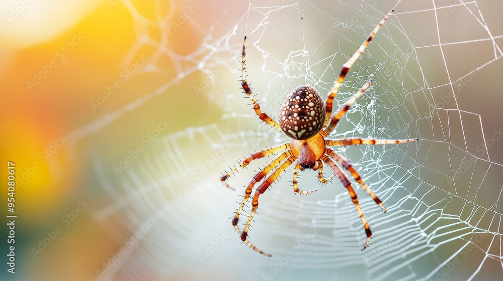 Poster a close-up view of a spider weaving a delicate web in the early morning sunlight in a garden setting