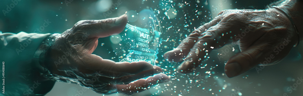 Poster two hands reach out to touch a glowing digital interface, merging human connection with advanced tec