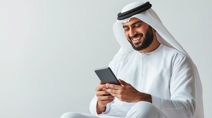 Saudi Arab Man using mobile phone, isolated background 