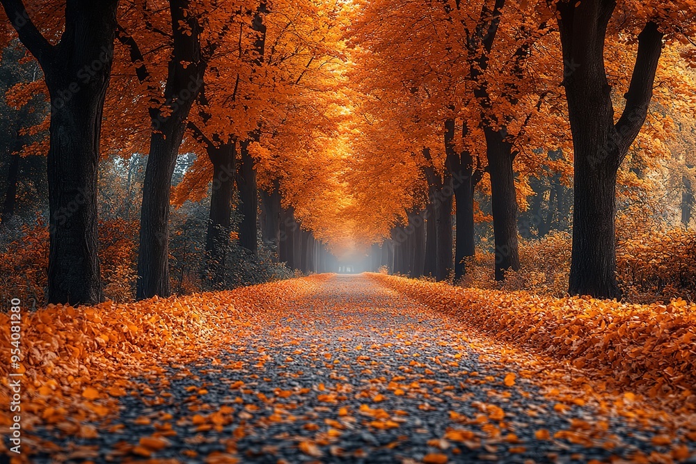 Aufkleber a path through a forest with trees that are orange and yellow