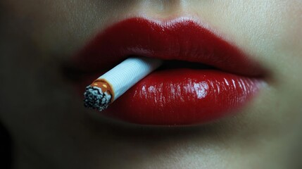 Close-up of a woman’s lips adorned with bright red lipstick and a cigarette, conveying a bold attitude in a dimly lit environment