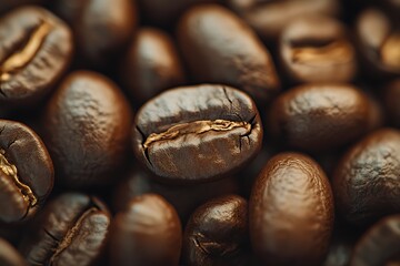 Close up of roasted coffee beans showing texture