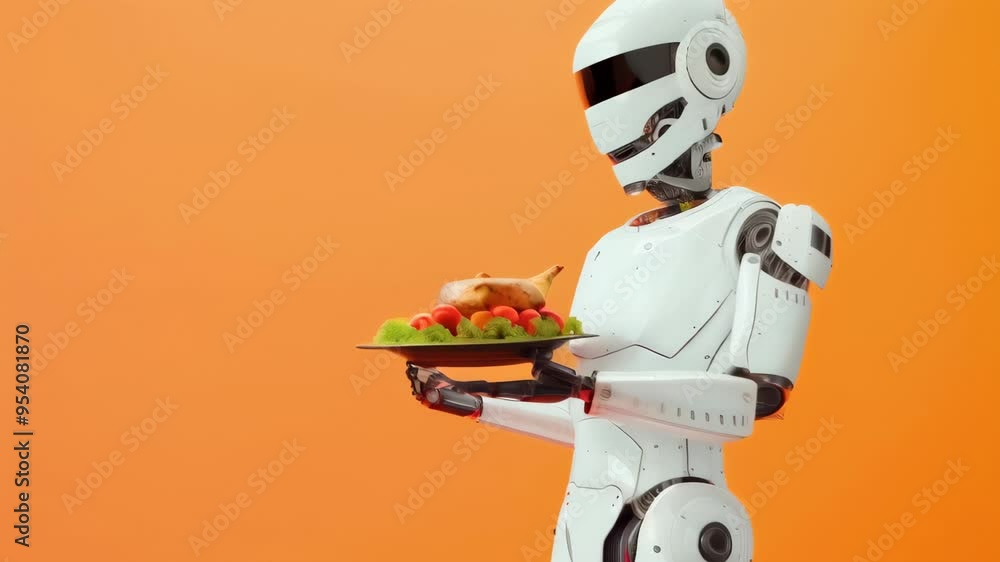 Poster white robot serving roasted chicken on a platter, showcasing ai in food service and automation.