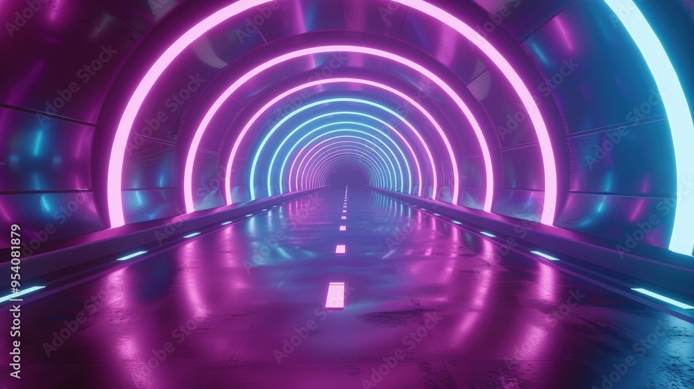 Poster a futuristic tunnel with glowing neon lights reflecting on a smooth surface, creating a vibrant and 