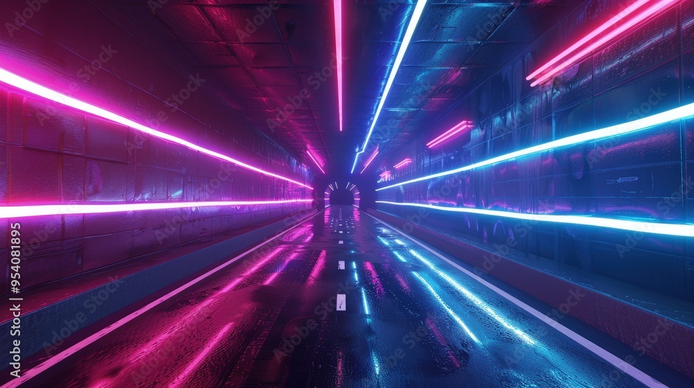 Poster a vibrant, futuristic tunnel illuminated by neon lights, reflecting on a wet surface, creating a dyn