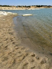 Sandy lakeshore with gentle waves and distant rural landscape