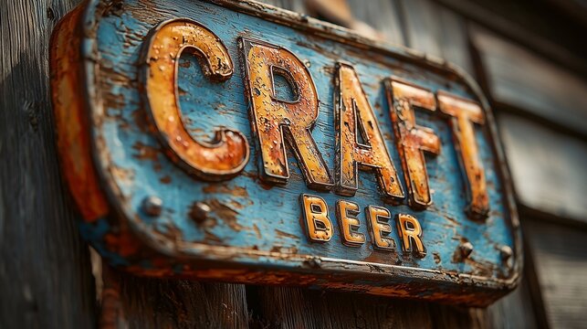 Vintage Craft Beer Sign on Weathered Wood Background