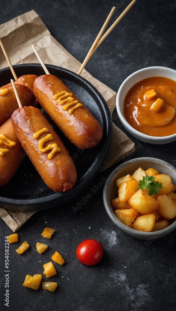 Sticker crunchy korean chunky corn dogs with batter and fried potatoes